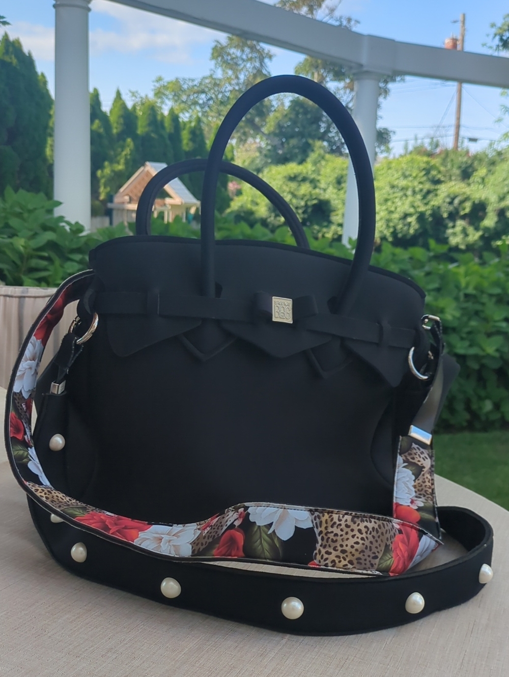 Save My Bag scuba material Tote With Floral Strap, Pearl Studded Strap
